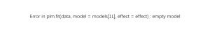 Error in plm.fit(data, model = models[1L], effect = effect) : empty model-决策链社区论坛