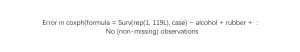Error in coxph(formula = Surv(rep(1, 119L), case) ~ alcohol + rubber + :No (non-missing) observations-决策链社区论坛